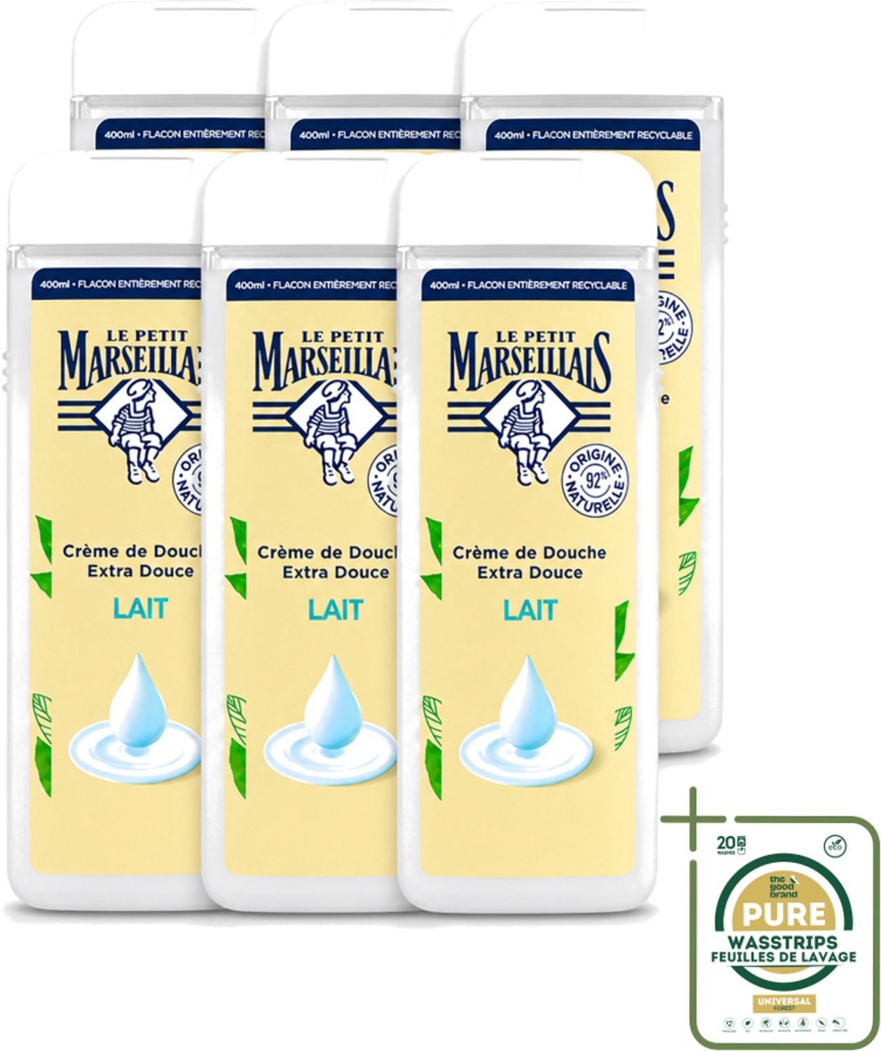 6 x Le Petit Marseillais – Douchecrème – Lait – 400 ml - Wasstrips - Douchecrème - Lait Douchecrème - Hydraterende Douchecrème - Zachte Douchecrème - Natuurlijke Douchecrème