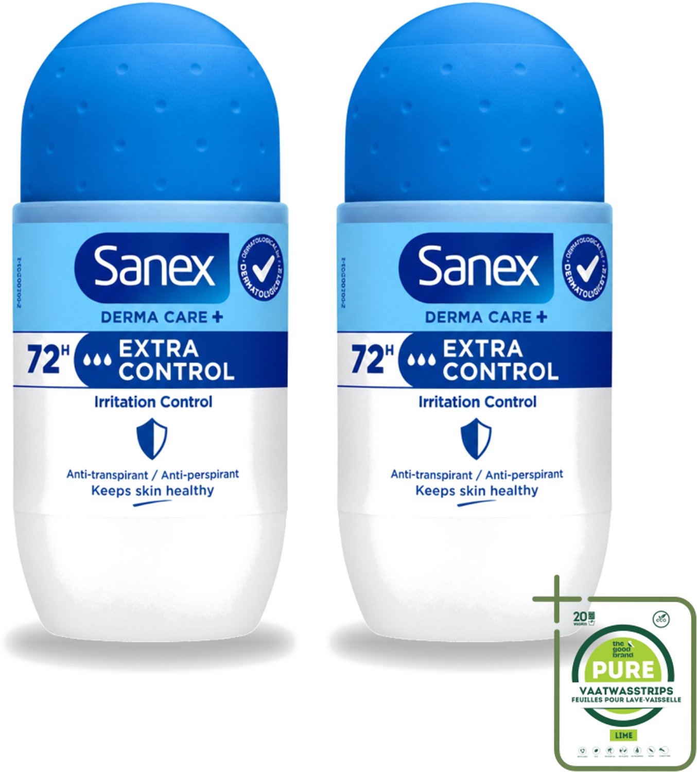2 x Sanex – Deo Roll-on – Dermo Extra Control – 53 ml - Grootverpakking - Vaatwasstrips - Anti-transpirant - Zweetvermindering - Huidbalans - Aluminiumchloride - Droge Oksels