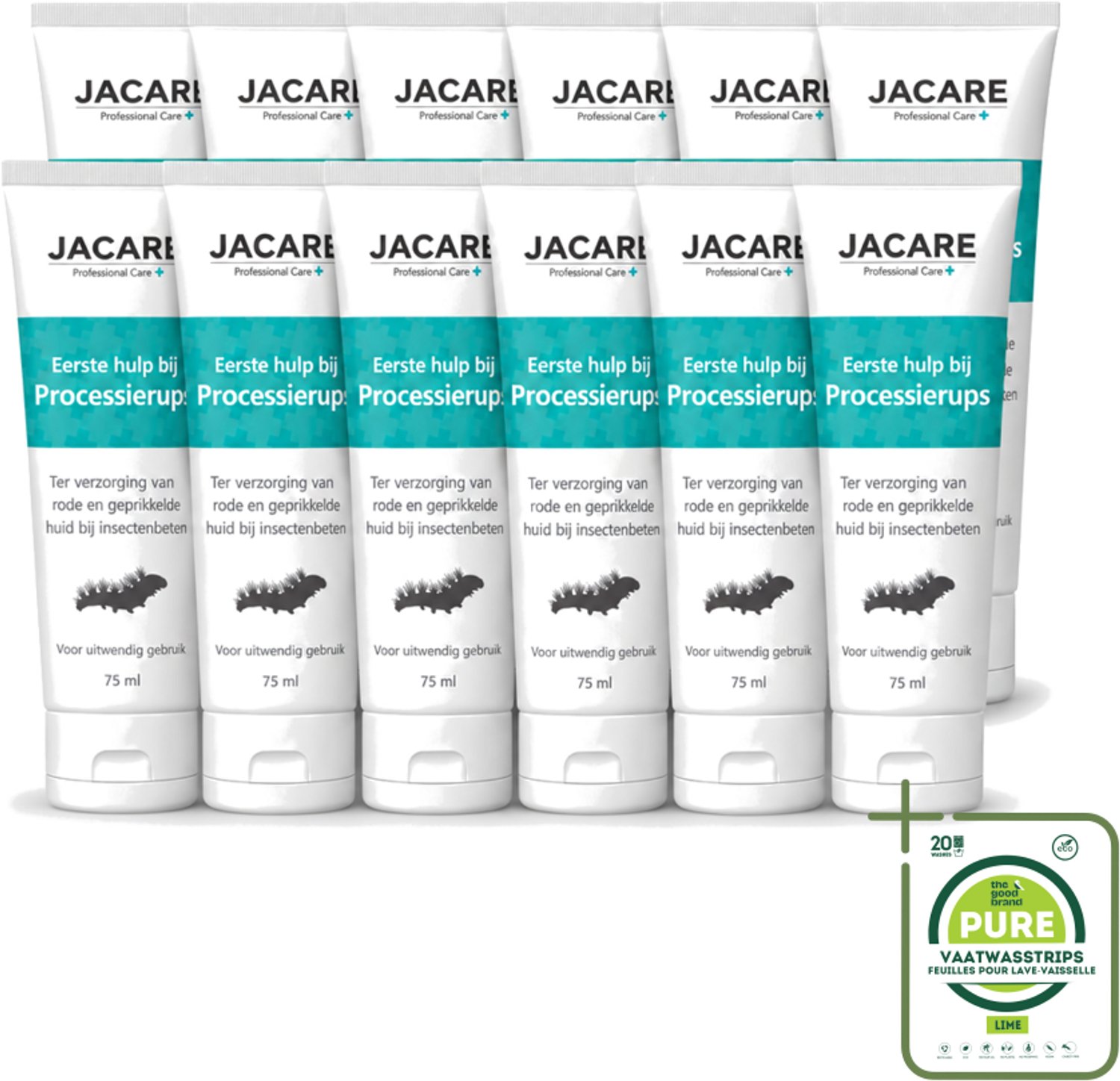 12 x Jacare – Gel – Processierups – 75 ml - Grootverpakking - Vaatwasstrips - Processierups Gel - Jeuk Verlichting - Huidirritatie - Insectenbeten - Kwallenbeten