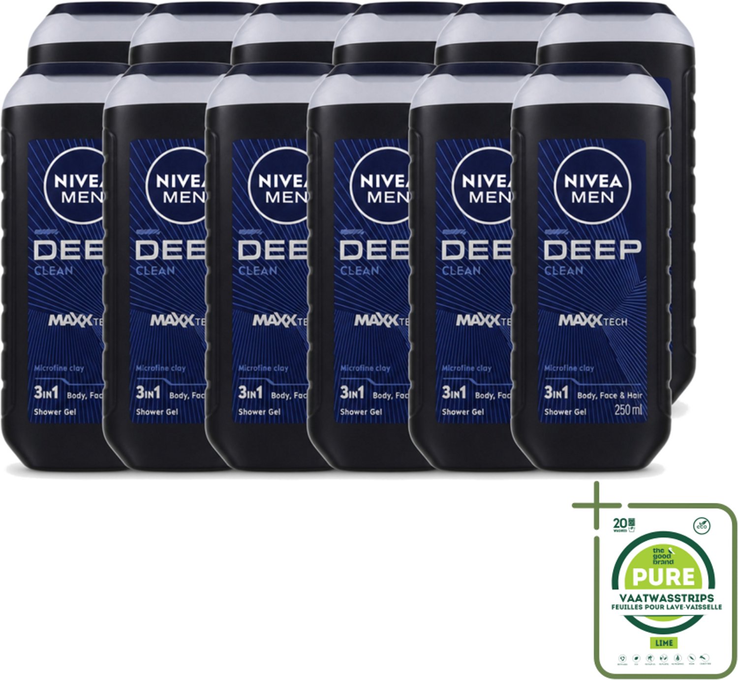 12 x Nivea Men – Douchegel – Deep Clean – 250 ml - Grootverpakking - Vaatwasstrips - Douchegel - Diepe Reiniging - Microfijne Klei - Huid Reinigen - Haar Reinigen