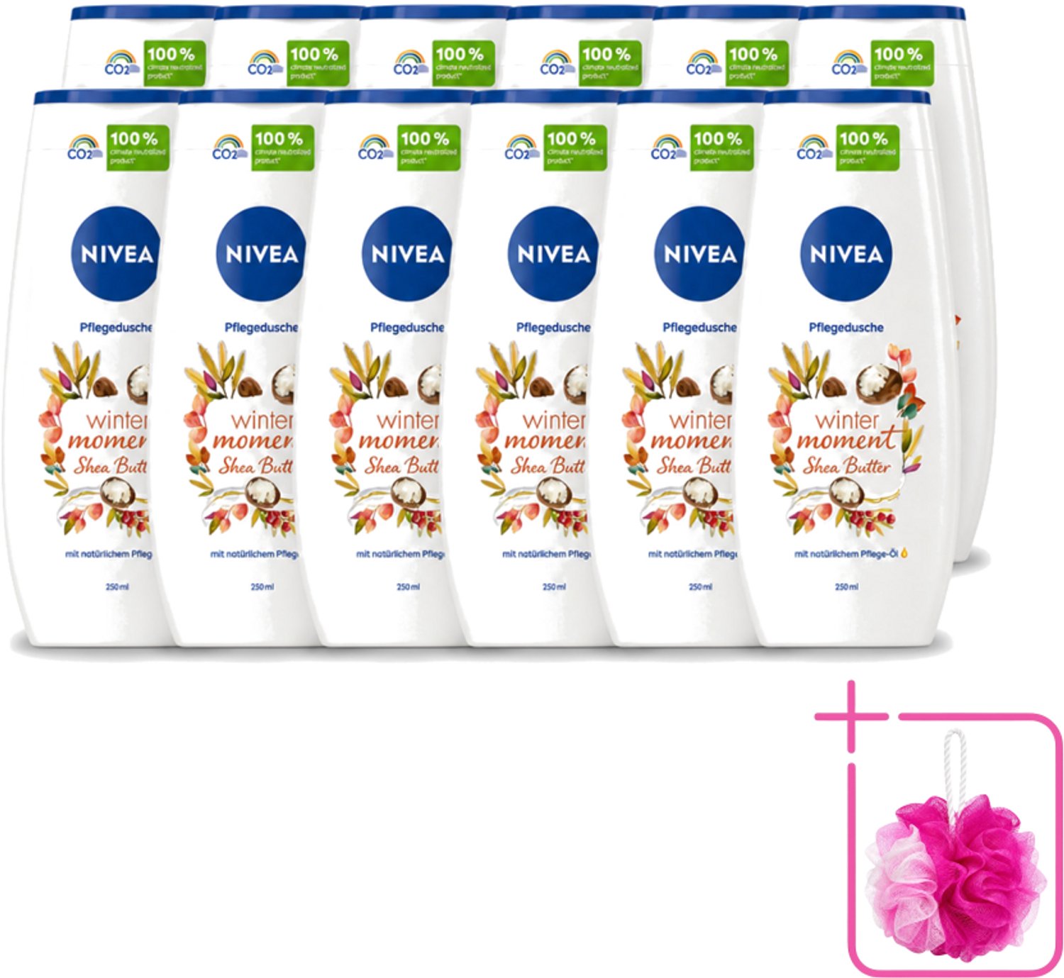 12 x Nivea - Douchegel - Winter Moment Shea Butter - 250 ml - Bulkverpakking - Douchegel winter - Douchemop - Sheaboter douchegel