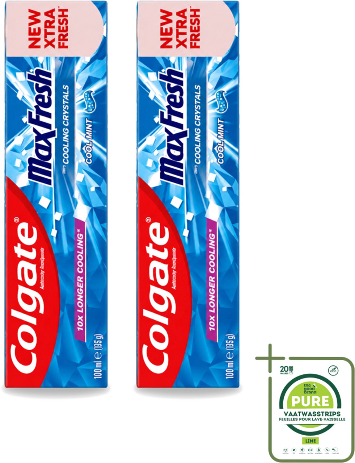 2 x Colgate - Max Fresh - Cool Mint - Tandpasta - 100ml - Grootverpakking - Vaatwasstrips - Tandpasta - Frisse Adem - Mondhygiëne - Cariës Bestrijden - Tandplak Verwijderen