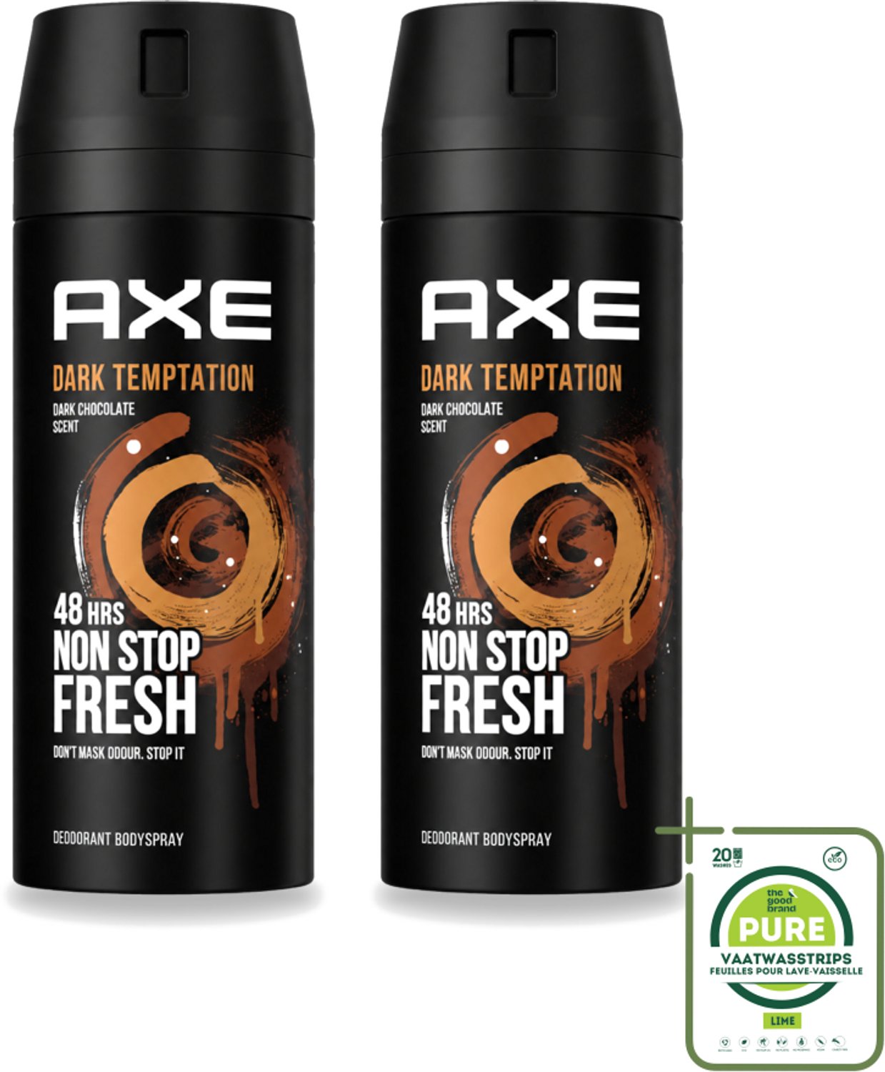 2 x Axe - Deodorant Bodyspray - 48hrs Non Stop Fresh - Dark Temptation - Dark Chocolate - 150 ml - Grootverpakking - Vaatwasstrips - Axe Dark Temptation - Deodorant - Chocolade - Geur - Verleiding