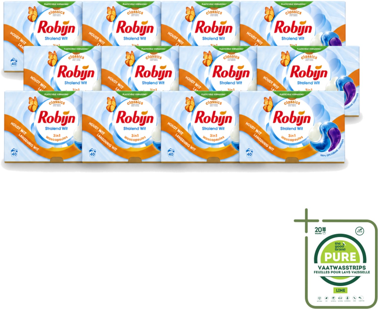 12 x Robijn - Stralend Wit - 3-in-1 Wascapsules - Houdt Langdurig Wit - 40 Wascapsules - Grootverpakking - Vaatwasstrips - Wit Was - Wascapsules - Wasverzorging - Wasgeur - Wasroutine