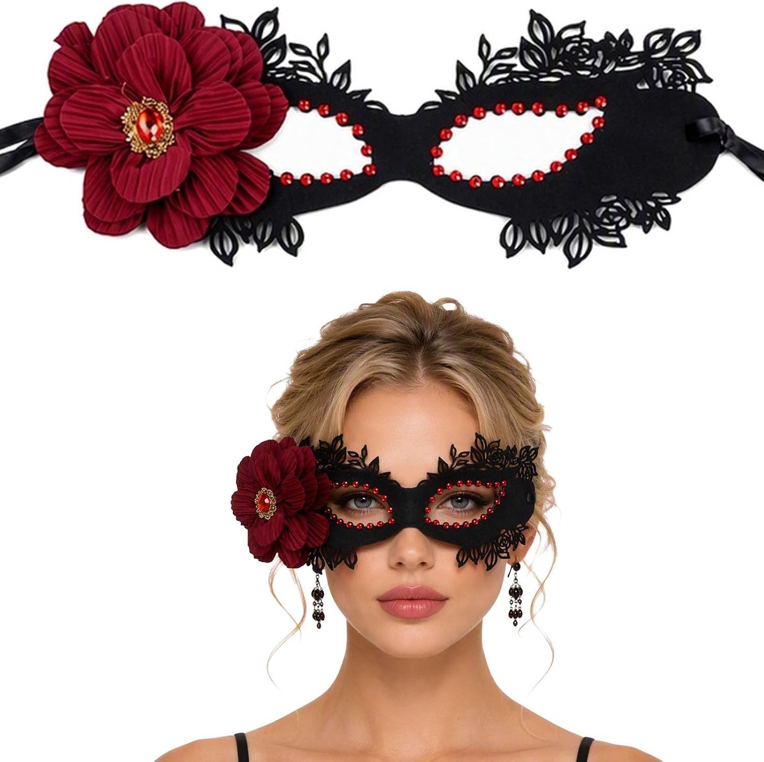 Masker van kant - Rode bloemen - 25,3 x 19 cm - Lichter Kanten Design met Konijnenoren - Voor Dames