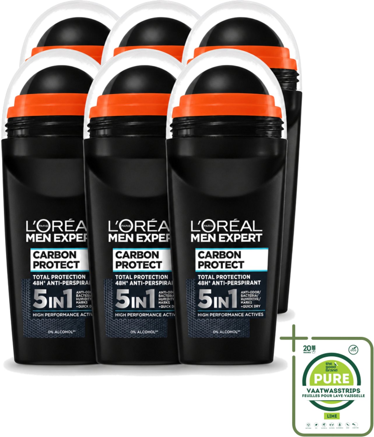 6 x L’Oréal Paris Men Expert – Deodorant Roller – Carbon Protect 5-in-1 – 50 ml - Grootverpakking - Anti-transpirant - Deodorant - Zweet - Geur - Vlekken