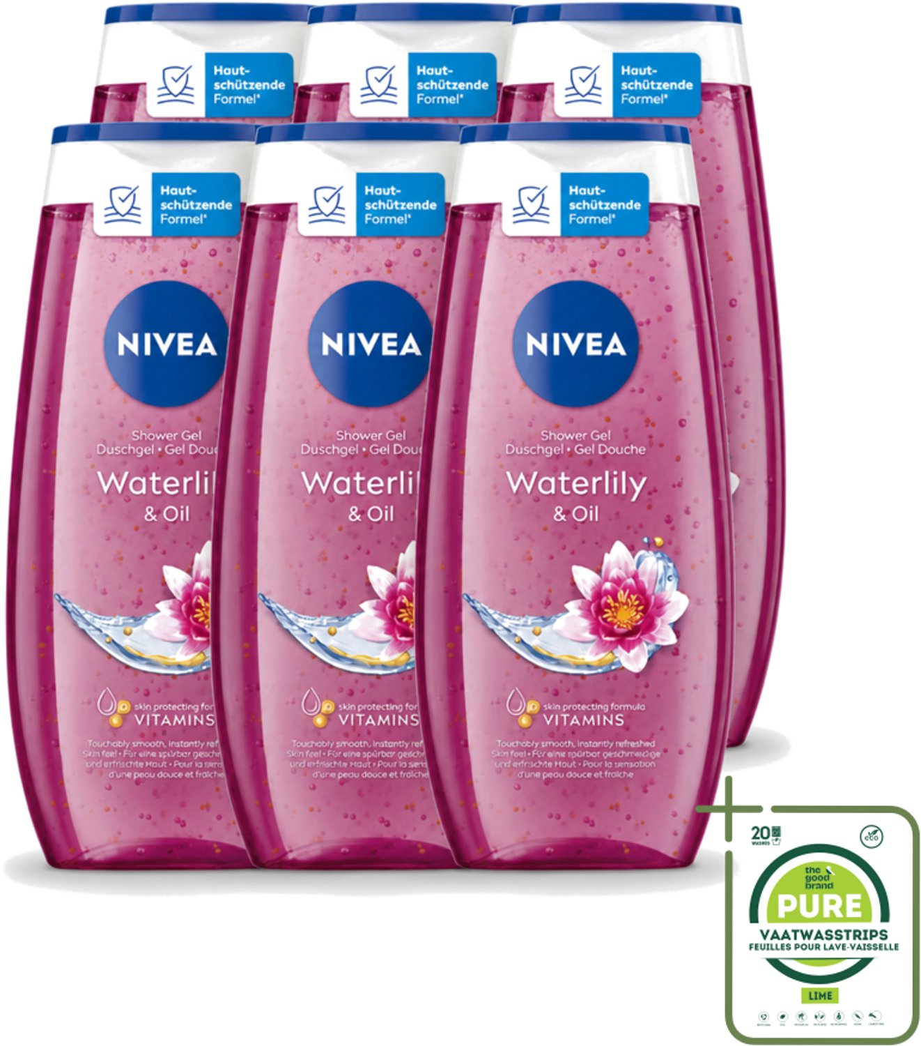 6 x Nivea – Douchegel – Waterlily & Oil – 250 ml - Grootverpakking - Vaatwasstrips - Douchegel - Waterlelie - Huidverzorging - Mild Reinigen - Huidcomfort