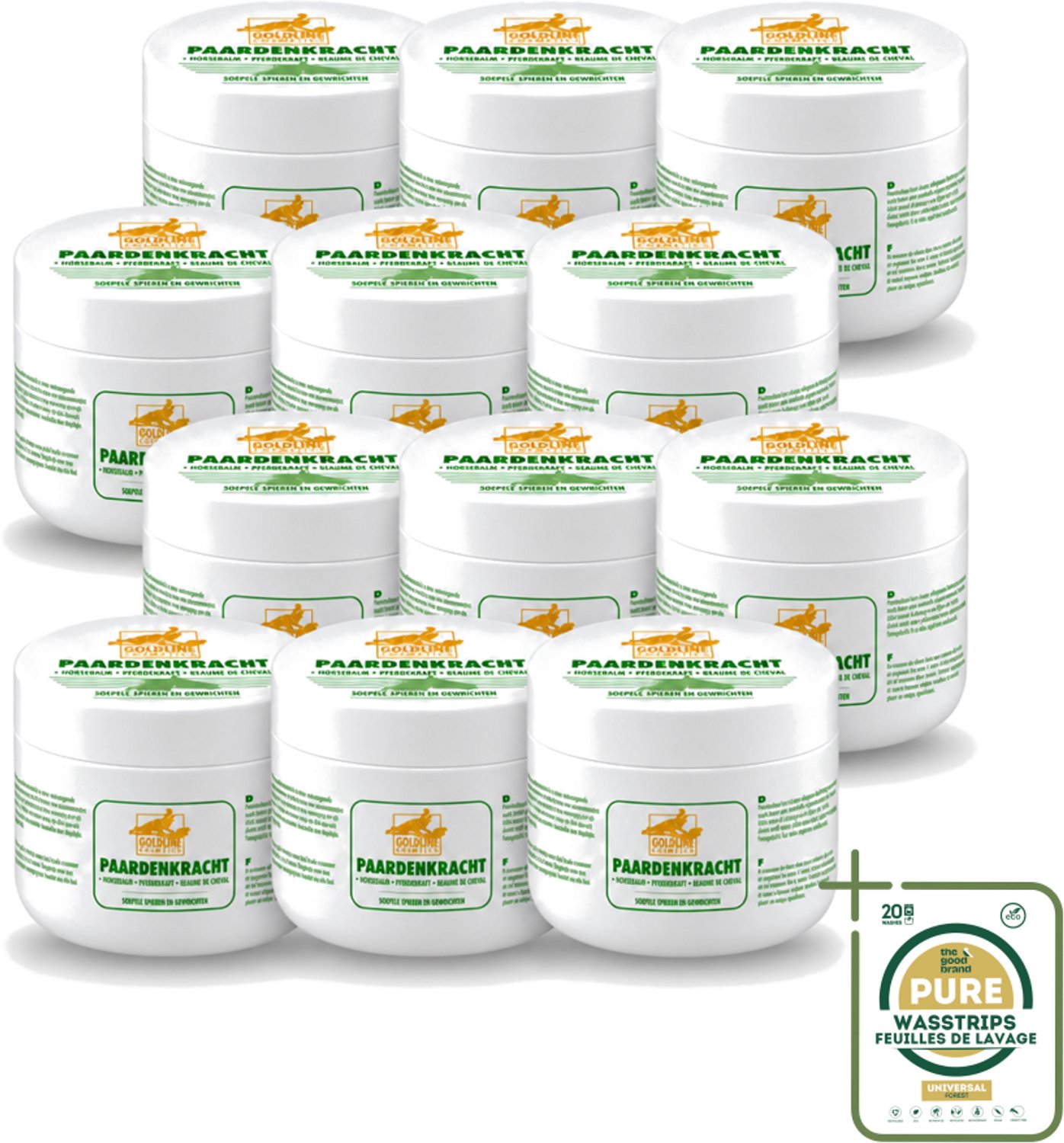 12 x Goldline - Bodycrème - Paardenkracht - Herstel & Verzorging - 250 ml - Wasstrips - Bodycrème - Herstel - Huidverzorging - Spierherstel - Hydratatie