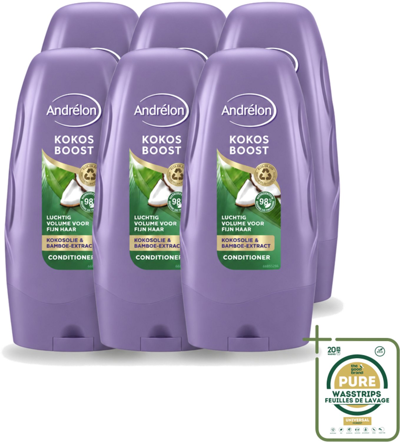 6 x Andrélon - Kokos Boost - Conditioner - Intensieve Voeding - 250 ml - Wasstrips - Fijn Haar - Volume - Voeding - Kokosolie - Bamboe-extract