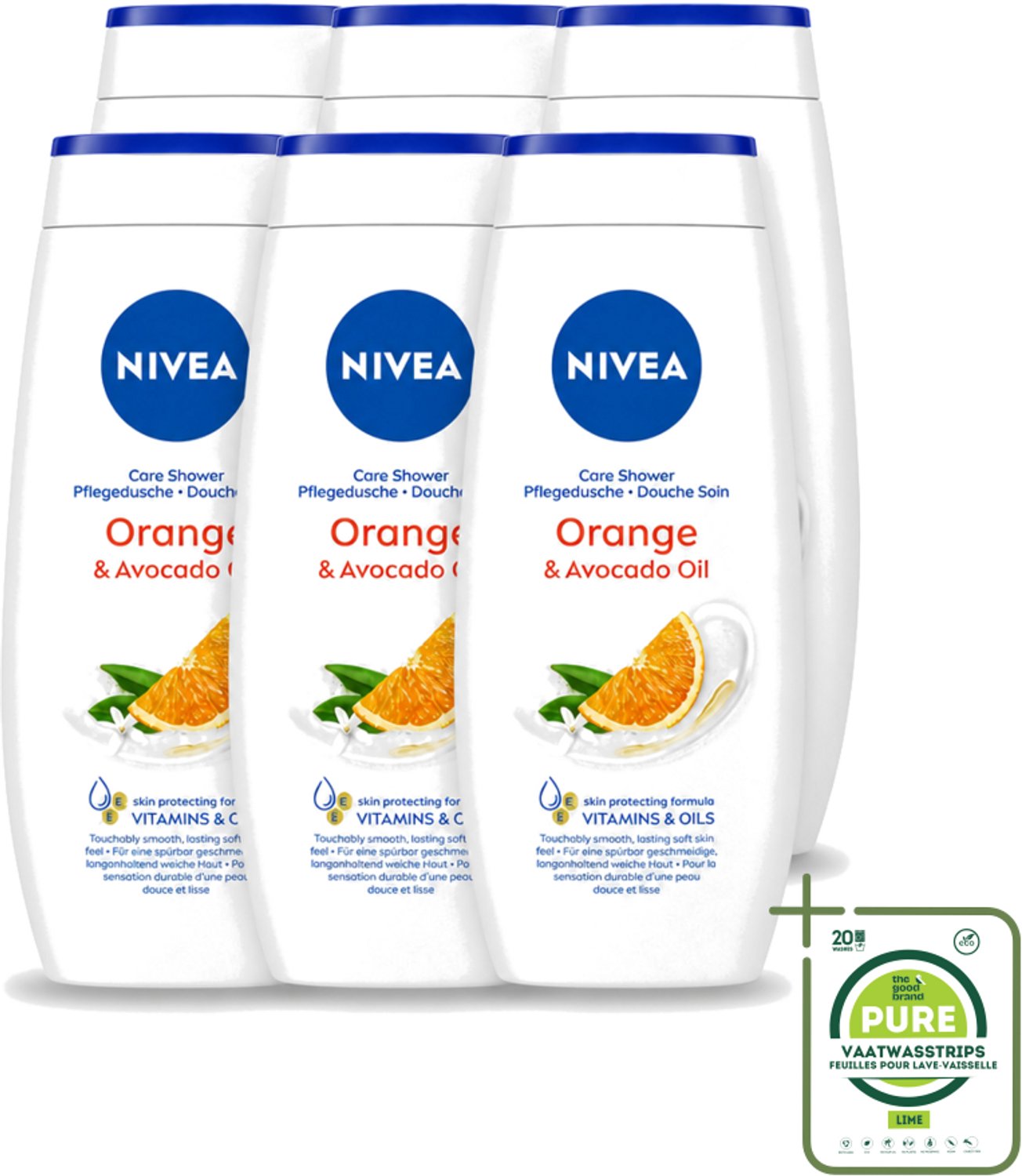 6 x Nivea - Douchegel - Orange - Voelbaar Gladde Huid - 250 ml - Grootverpakking - Vaatwasstrips - Douchegel - Huid Verzorgen - Bamboemelk - Sinaasappelgeur - Voedende Douchegel