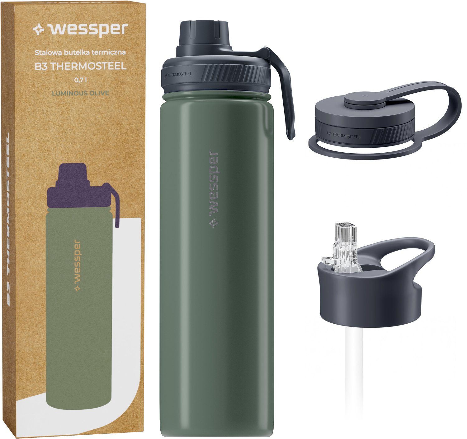 Wessper B3 THERMOSTEEL Thermosfles 0.7L - RVS, 3 Doppen
