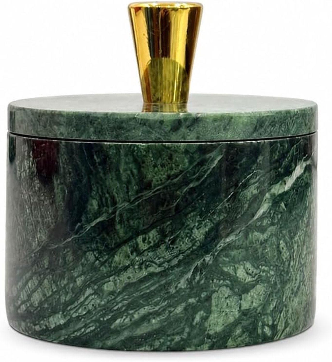 Queenza Groene marmeren zoutkelder met deksel en messing knop - natuurlijke marmeren kruidencontainer voor aanrecht in de keuken, gastronomische zouthouder, kleine decoratieve opbergdoos, cadeau voor