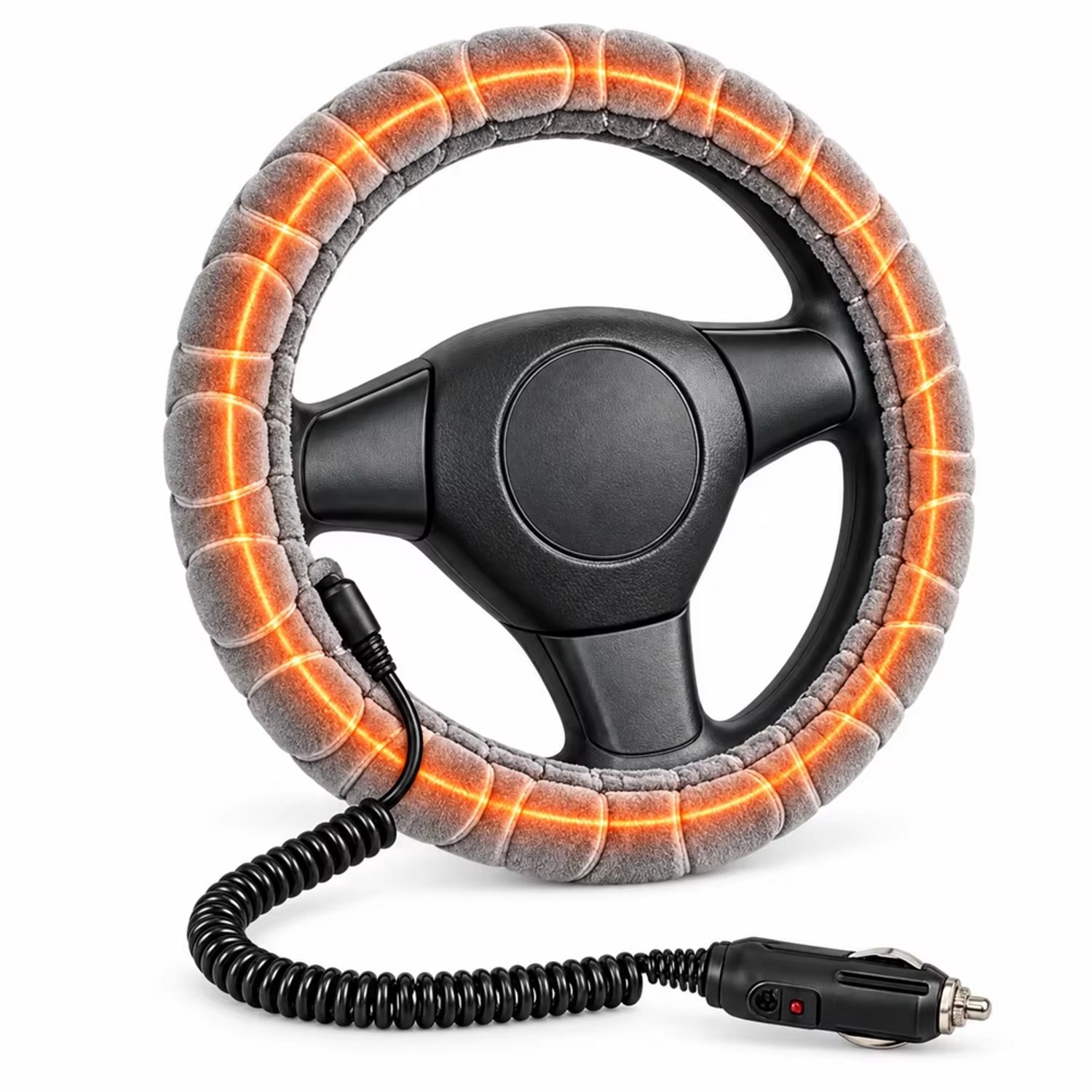 CreateEcom auto verwarming - stuurverwarming - Universele verwarmde stuurhoes 12V - auto winter handwarmer - 38cm zachte pluche verwarmde stuurhoes met opgerolde kabel - grijs