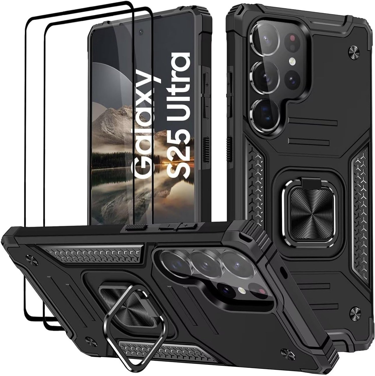 Hoesje voor Samsung Galaxy S25 Ultra, Gehard glas [2 stuks] Beschermende siliconen TPU Schokbestendige stevige harde cover - Zwart