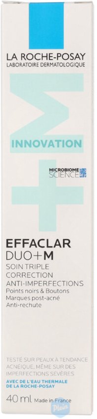 Verpakking La Roche-Posay Effaclar Duo+M met de tekst 'INNOVATION' en 'MICROBIOME SCIENCE'.