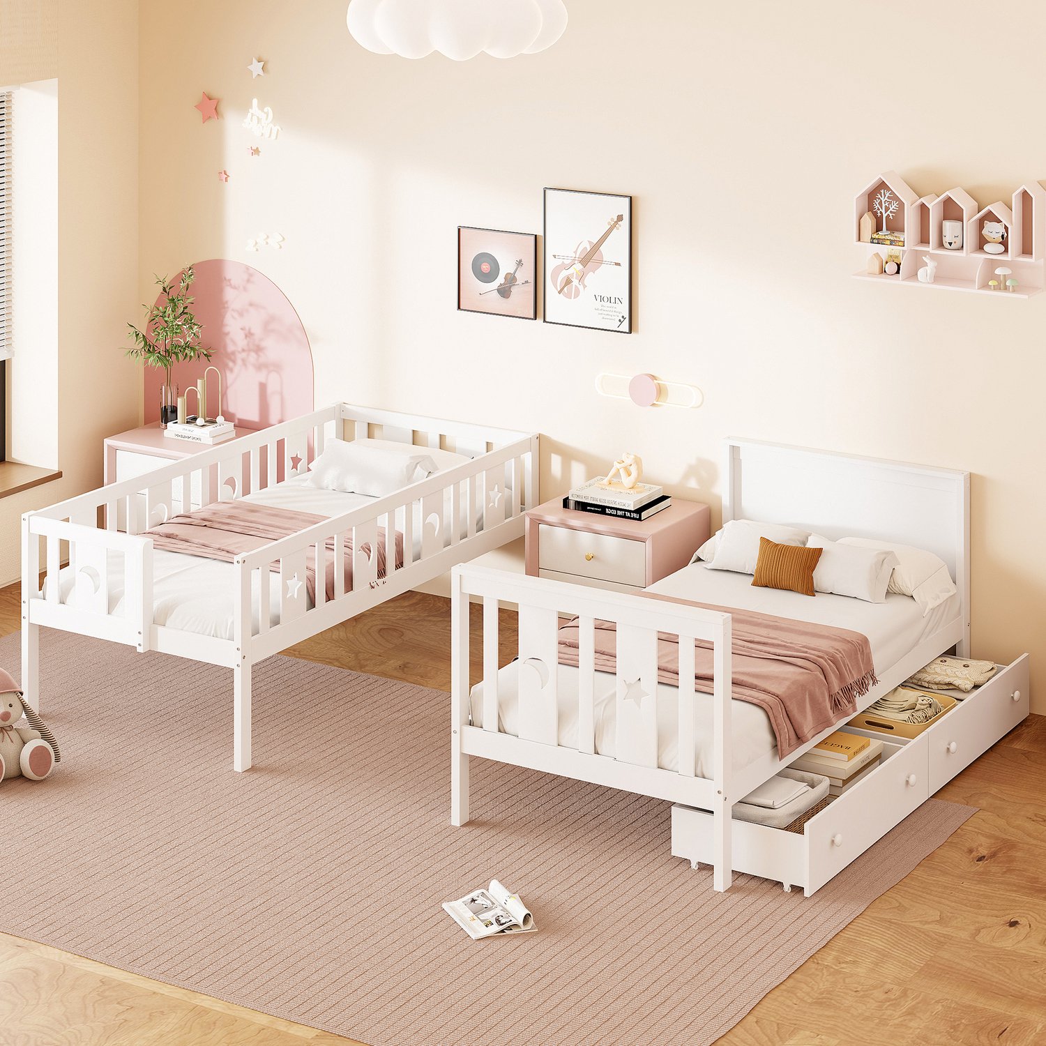 Merax Kinderbed 90x200 cm - stapelbed - met veilig laddertje - opbergladder - twee grote lades - wit - zonder matras