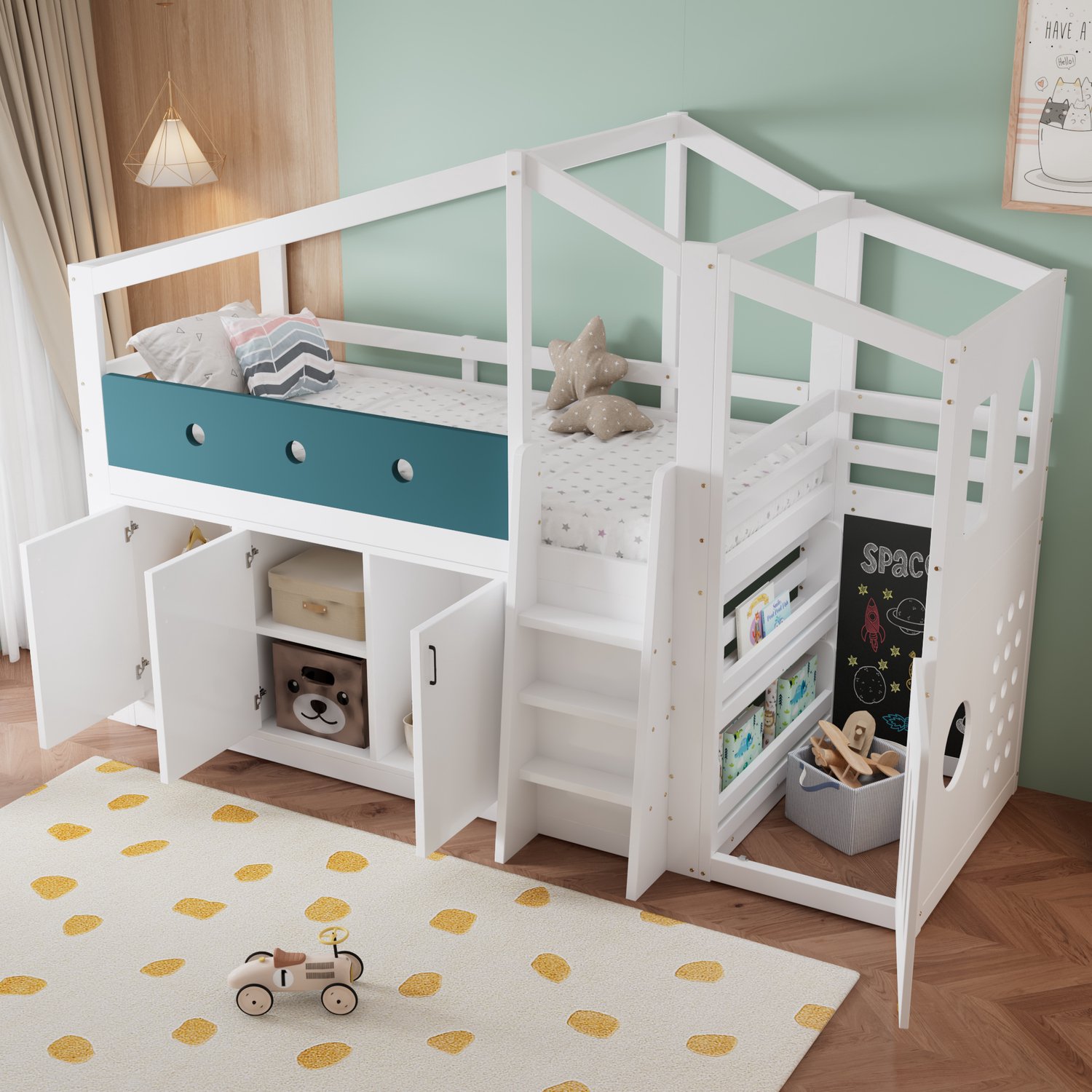 Merax 90x200 cm hoogslaper - kinderbed - huisvormig - met speelruimte - kast en opbergruimte - wit - zonder matras