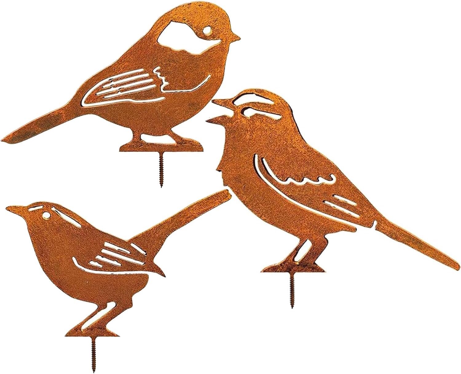 Voarge Rusty Bird Decoration - 3 Pieces Stainless Steel Metal Plug Garden Decoration Rust Optical Threaded for Wooden Fence Figures