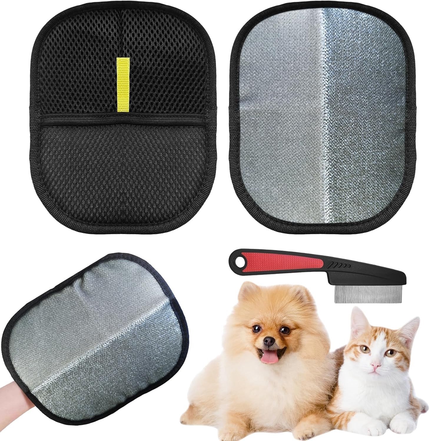 Honden- en kattenhaar verwijderhandschoenen, herbruikbaar met kam, set van 2 voor effectieve vachtverzorging