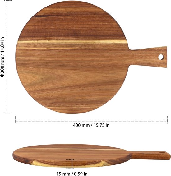 2 stuks houten pizzaplank, rond, 30 cm, 40 x 30 x 1,5 cm, bruin met handvat, houten pizzabord serveerplaat voor keuken — afbeelding 5