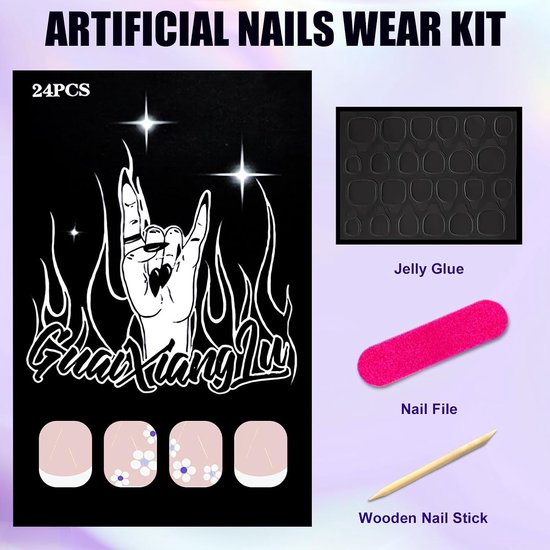 24 stuks witte Franse tip valse nagels, korte vierkante Press-on nagels met bloemontwerp, elegante naakte roze nepnagelset acryl kunstmatige lijm op nagel, herbruikbare stick-on nagel voor — afbeelding 3