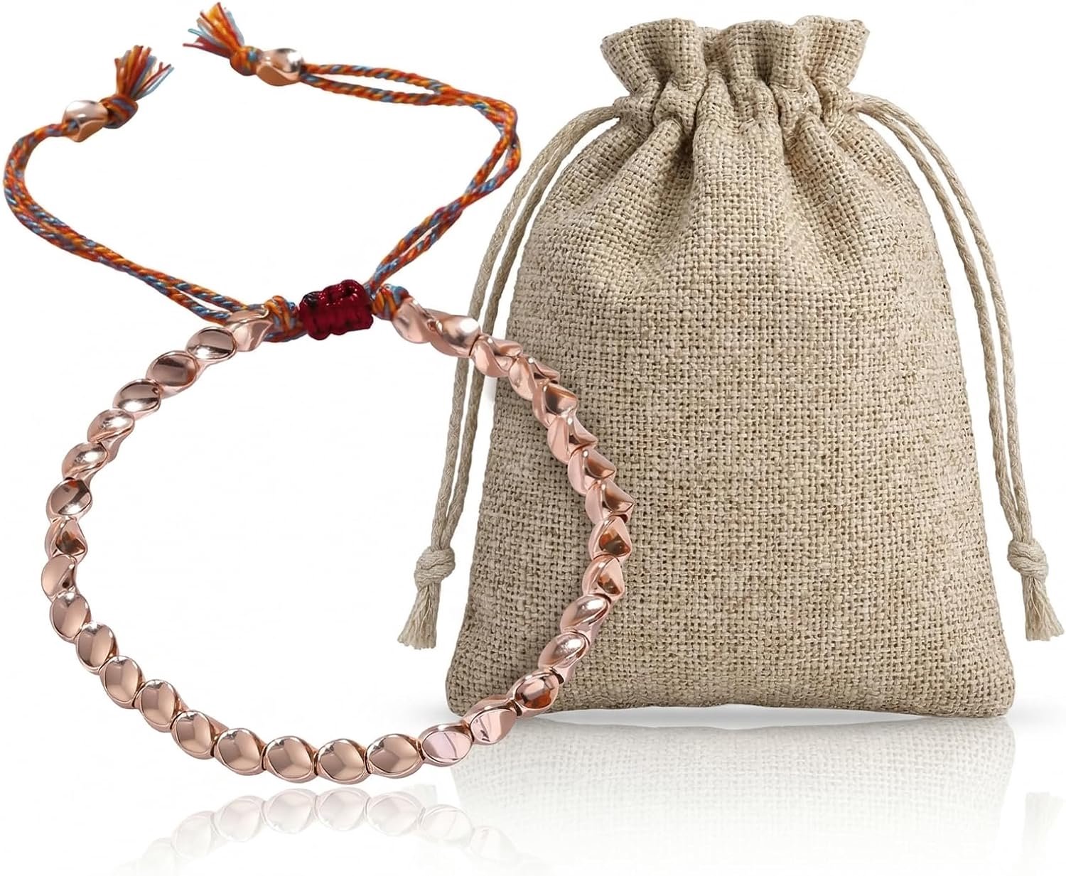 Handgemaakte Tibetaanse armband van puur koper, verstelbare armband met koperen kralen voor dames en heren, geluksbrenger in elegante geschenkdoos en jute tas, 16-26 cm
