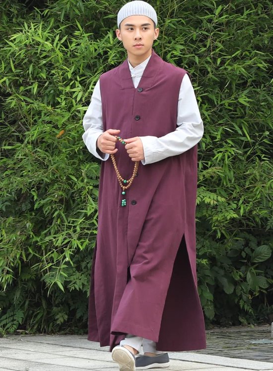 Vintage boeddhistische monnik gewaad lang vest, meditatie boeddhistische pyjama's lange jurk, rood, 37 — afbeelding 2