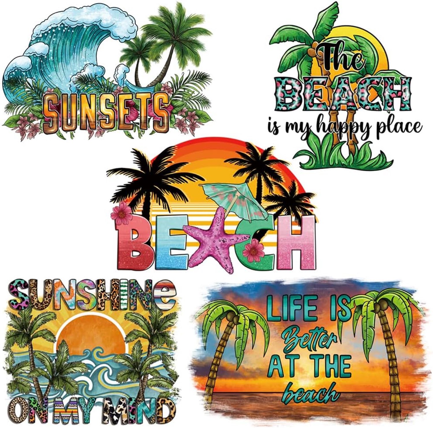 Opstrijkbare transferpatches voor T-shirt, kleding, decoratie, zomerserie, stickers, strand, kokosnootbomen, zeegolven, zonsondergang, opstrijkbare stickers, stickers voor kleding, jeans, tassen,