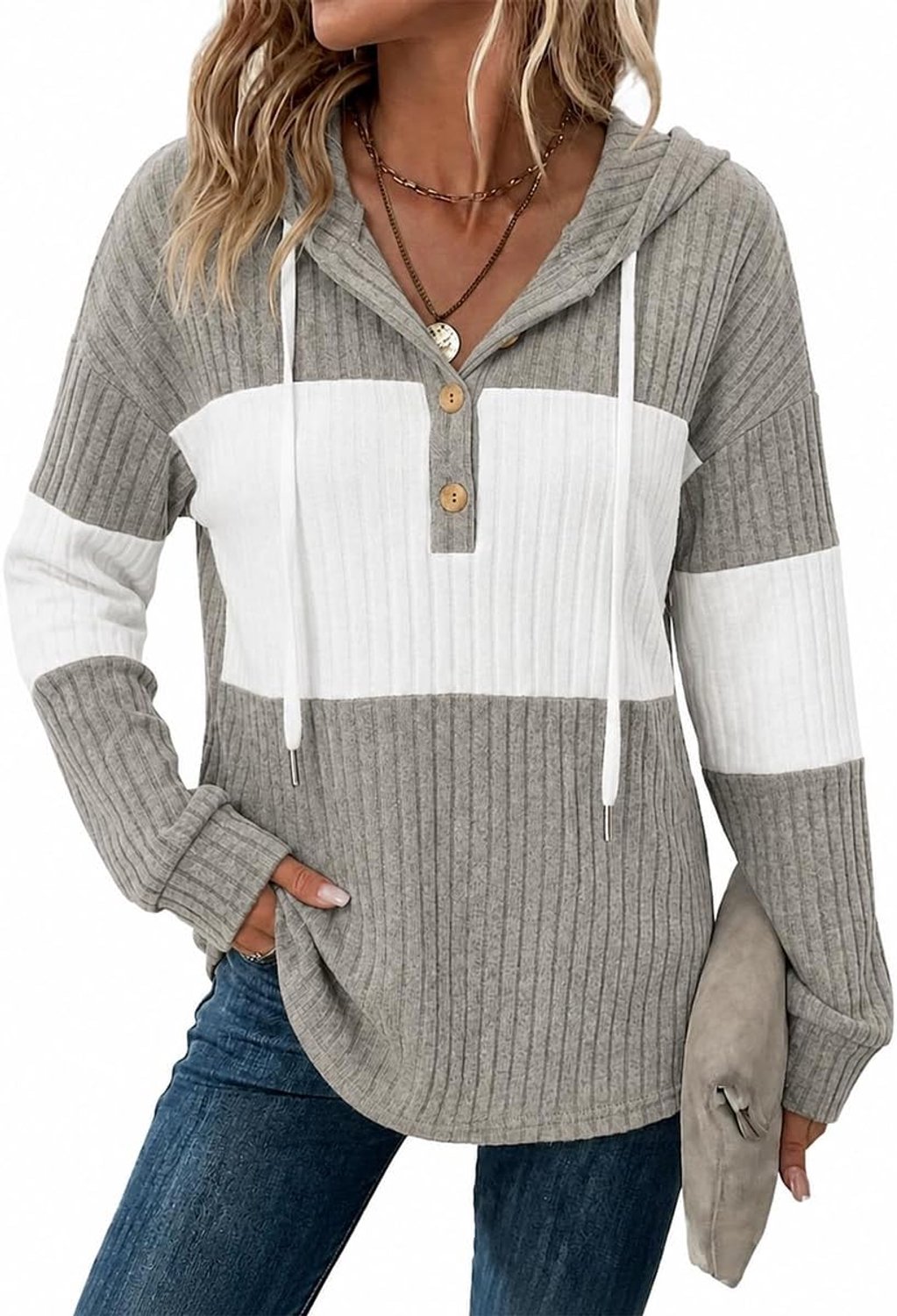 Trui dames hoodie V-hals capuchon knoopsluiting lichte gebreide trui lange mouwen casual sweatshirt top tops