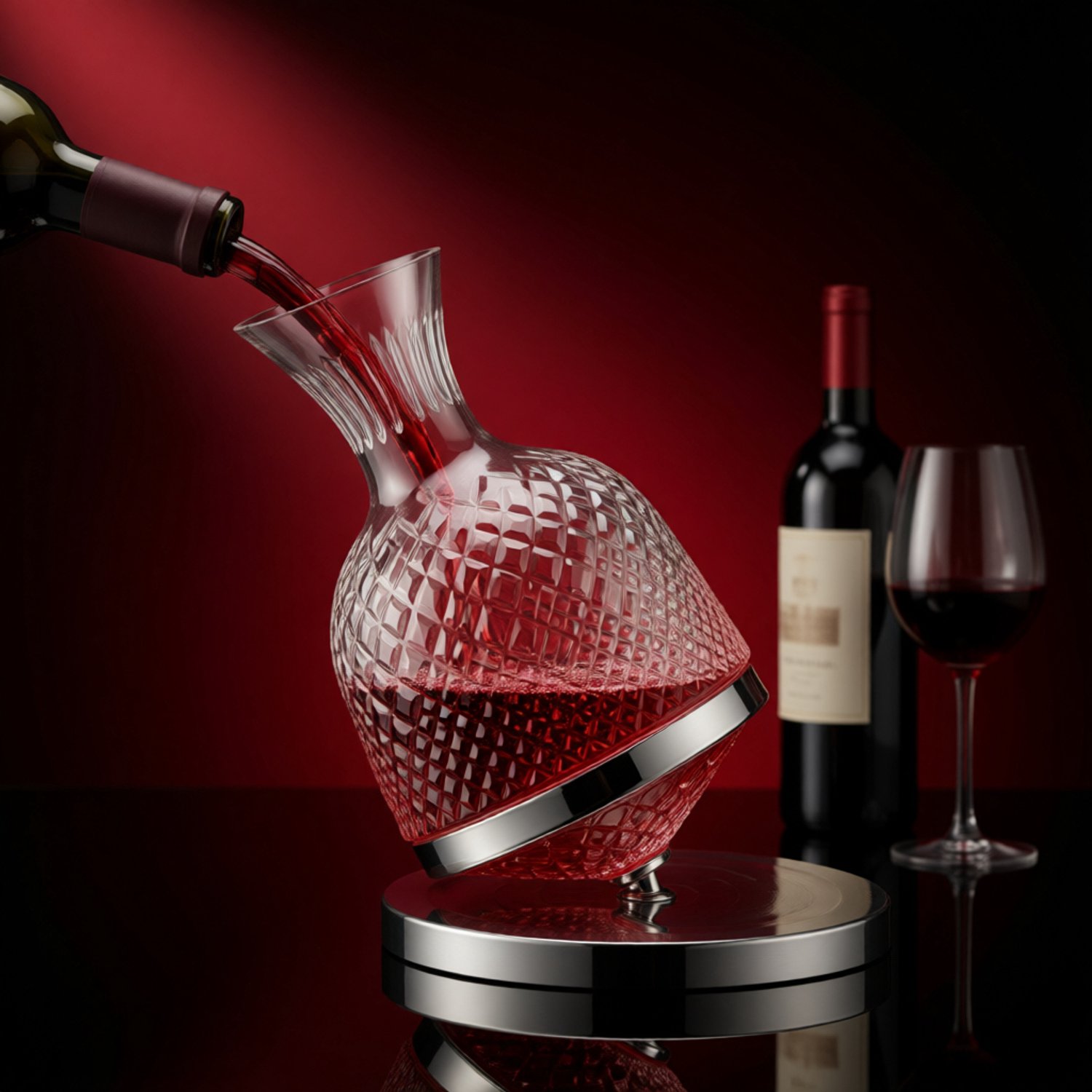 BILMU Draaibare Wijnkaraf 1500 ml – Decanteerkaraf van Loodvrij Kristalglas met RVS Voet, 360° Roterend, Druppelvrij