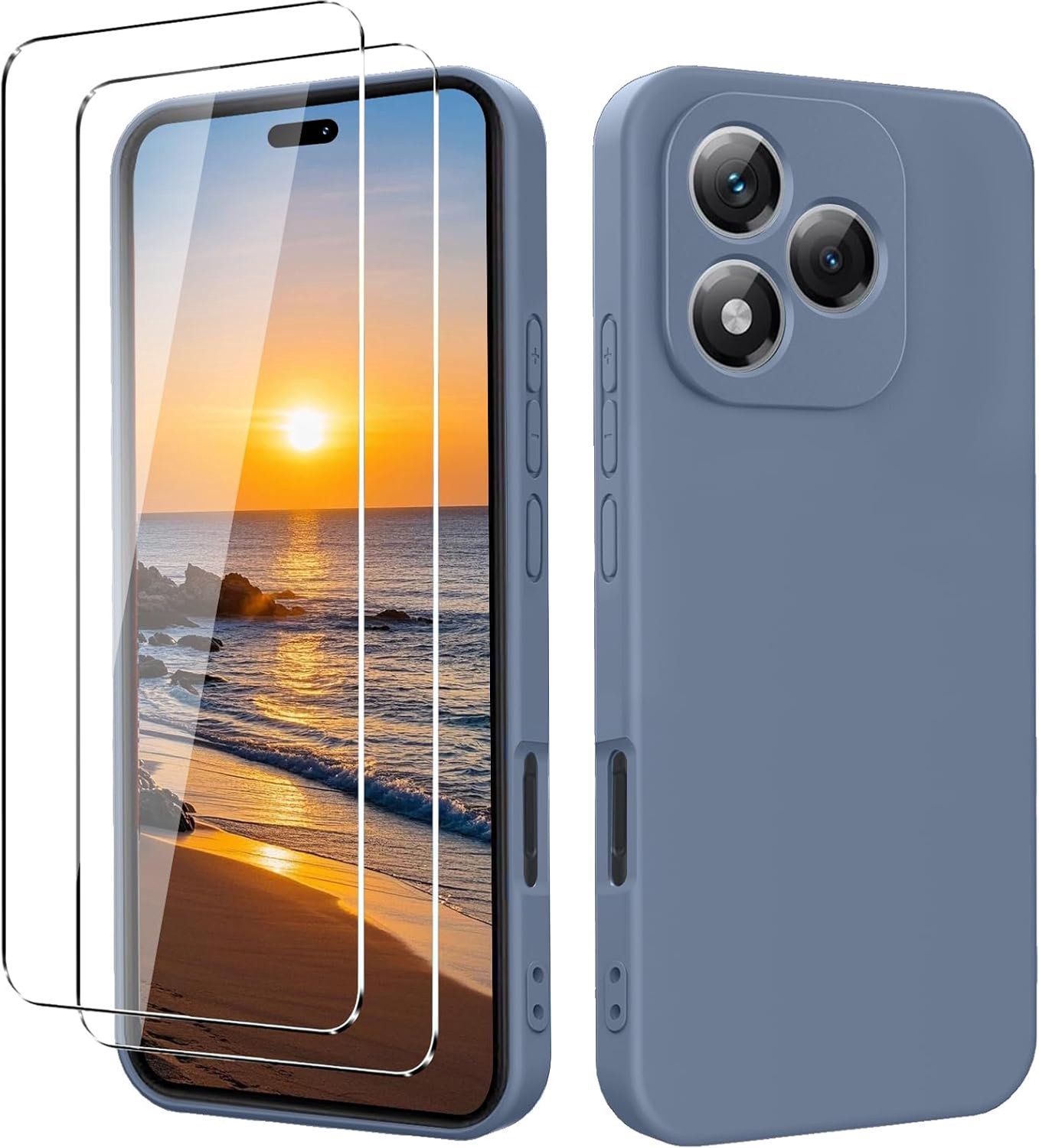 Beschermhoes voor Honor 400 Lite 5G met 2 stuks gehard glas, vloeibare siliconen met zachte microvezel, [zijdeachtige aanraking] en schokbestendig; krasbestendig; grijs