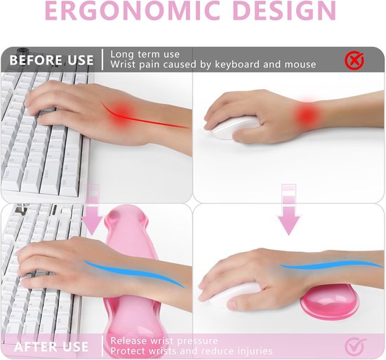 Polssteun voor toetsenbord en muis, leuke polssteun en armsteun, toetsenbordsteun, voor toetsenbord en muis, pijnverlichting, geschikt voor kantoor/computer/laptop/gaming (transparant roze set) — afbeelding 5