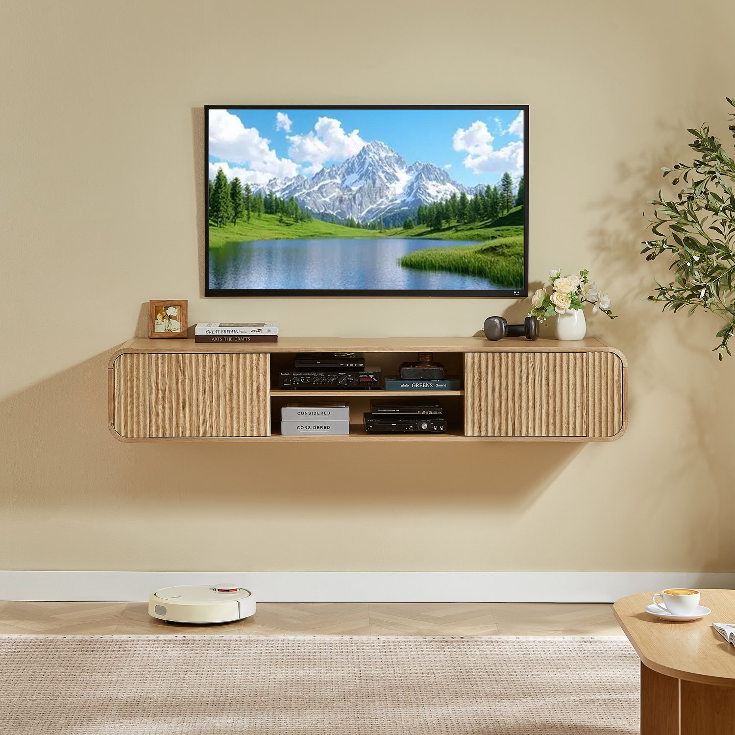 Clruro TV-Meubel - 160×38×30 cm - Zwevend - Open Vakken en Kabeldoorvoer - Spaanplaat - Naturel
