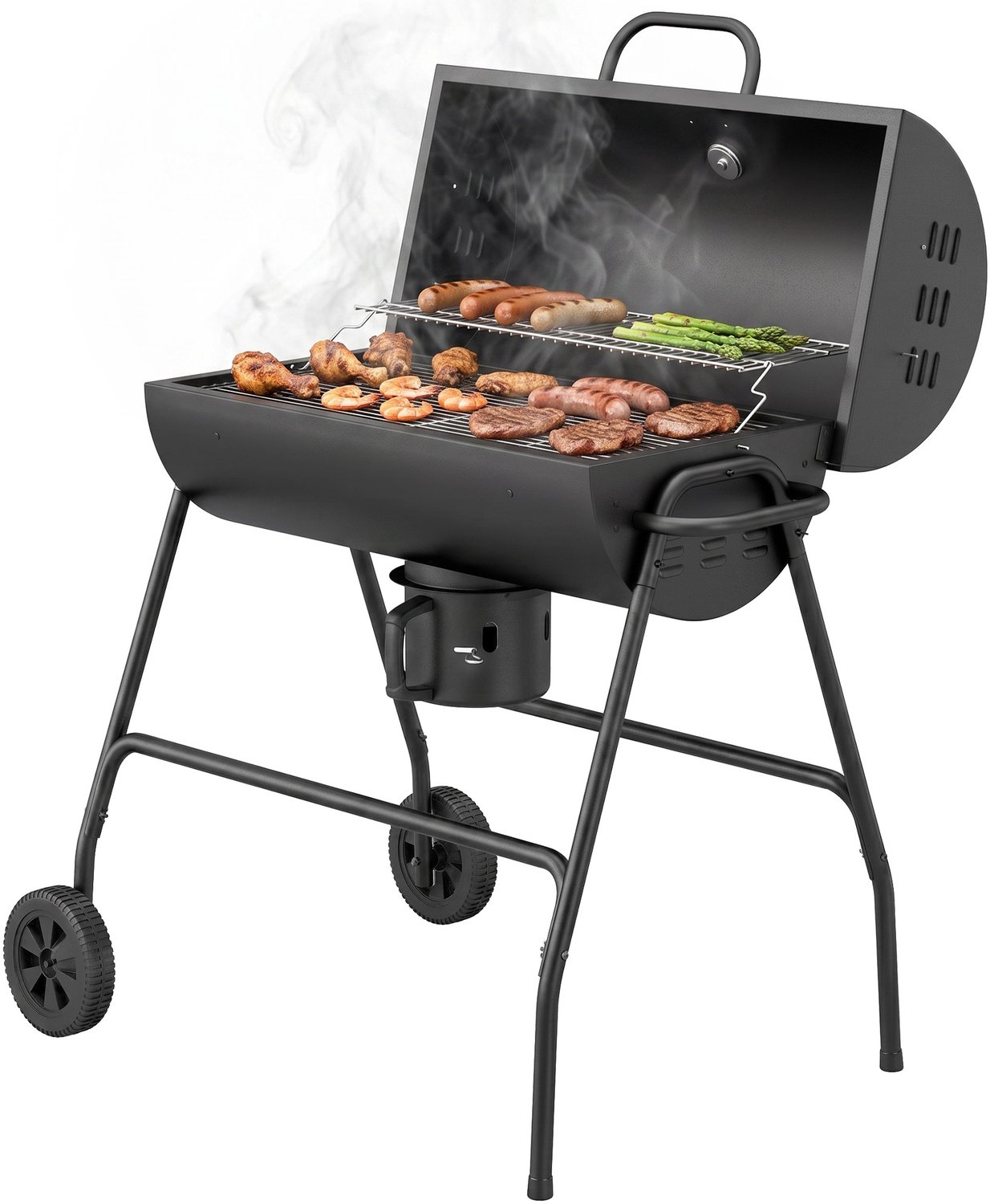 Metalen houtskoolbarbecue met deksel, thermometer, wielen en onderstel, 95 x 71,5 x 102 cm, zwart
