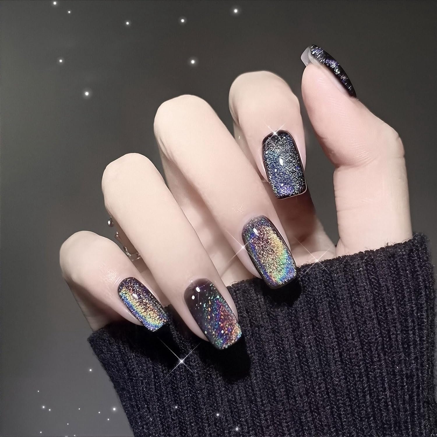Zwarte Chrome Cat Eye Medium Press-On Nagels, Medium Vierkante Plaknagels voor Dames Cadeau, Zwarte Kleurige Iriserende Metalen Glinsterende Glanzende Herbruikbare Zomerkleef-Gel-Press-On