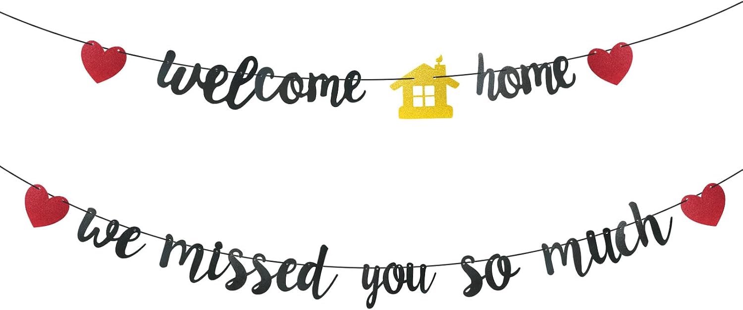 Welkom thuis, Welcome Home Decoratie, hartelijke welkomstslinger, zwarte letters met goudkleurig huisje, perfecte decoratie voor thuiskomst, gebruik voor feestjes, verjaardagen, pensioenfeesten