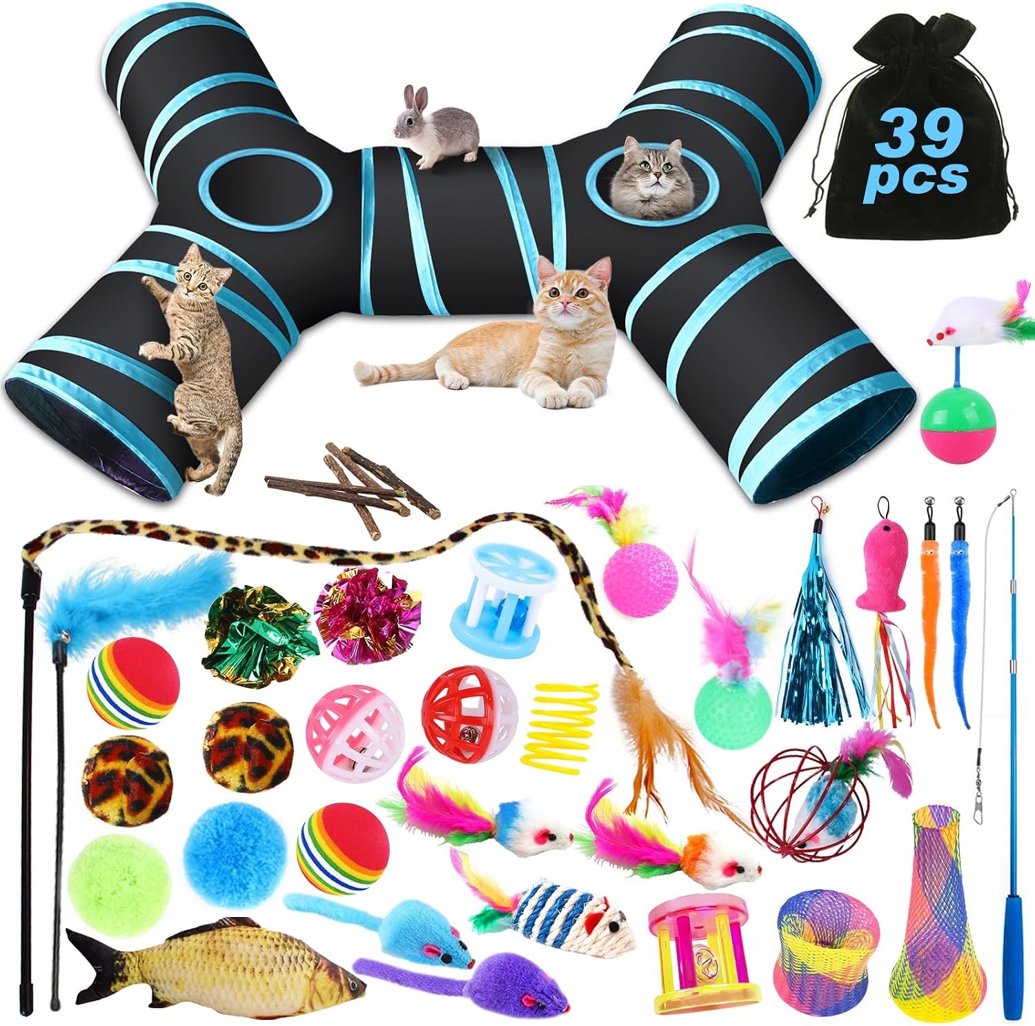 Kattenspeelgoedset,39 Stuks kattenspeelgoed set met kattentunnel voor Indoor Katten Set met Kattentunnels,Veerspeelgoed,Ballen,Grappige Kattenstok,Pluche Speelgoed,Speelgoedmuizen