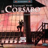 Een man in een wit hemd en zwarte broek, klimmend op een scheepsreling. Titel: Giuseppe Verdi IL CORSARO. 2 CD's.
