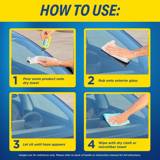 Stappenplan 'Hoe te gebruiken' voor Rain-X: product op handdoek doen, op glas wrijven, laten drogen, afvegen.
