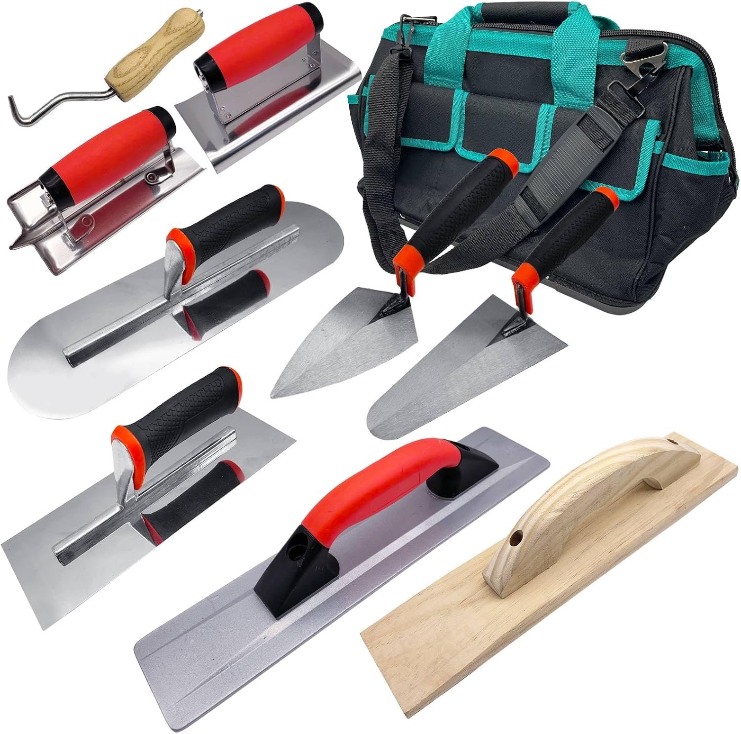 Set van 10 betontroffels, handgereedschapsset voor metselwerk, inclusief afwerk- en zwembadtroffel, meettroffel en baksteentroffel, houten vlotter