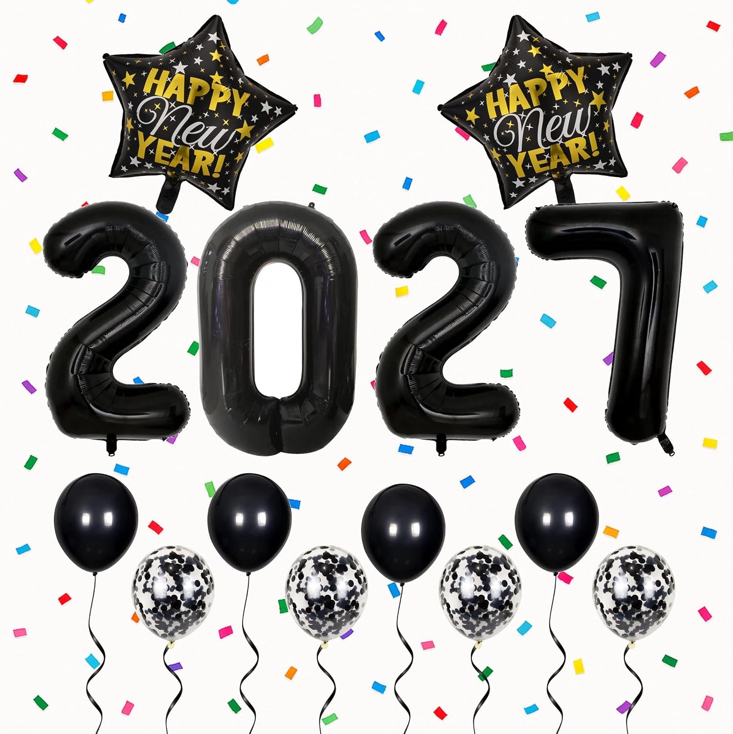 2027 zwarte cijferballonnen, 14-delige Happy New Year Set met 32 inch gigantische foliecijfers, bedrukte sterren, latex en confetti ballonnen, oudejaarsavond feestdecoraties, NYE fotoachtergrond
