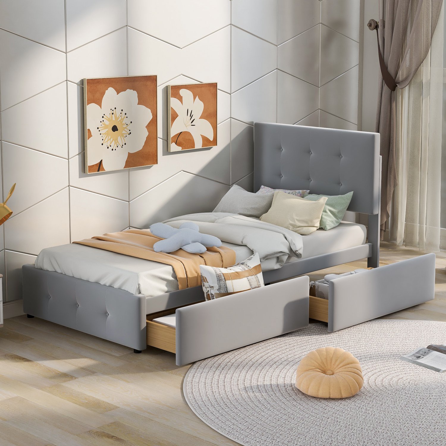 MUVANO Gestoffeerd bed 90 x 200 cm - eenpersoonsbed met lattenbodem en opberglade - hoogteverstelbaar hoofdbord - fluwelen bekleding - grijs
