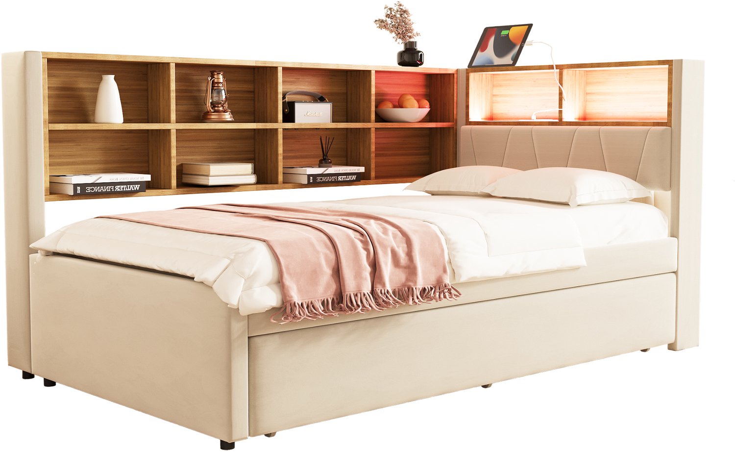 MUVANO Slaapbank 90 x 200 cm - uitschuifbed 90 x 190 cm - ledverlichting - opbergvakken - flanellen bekleding - beige, voor twee personen