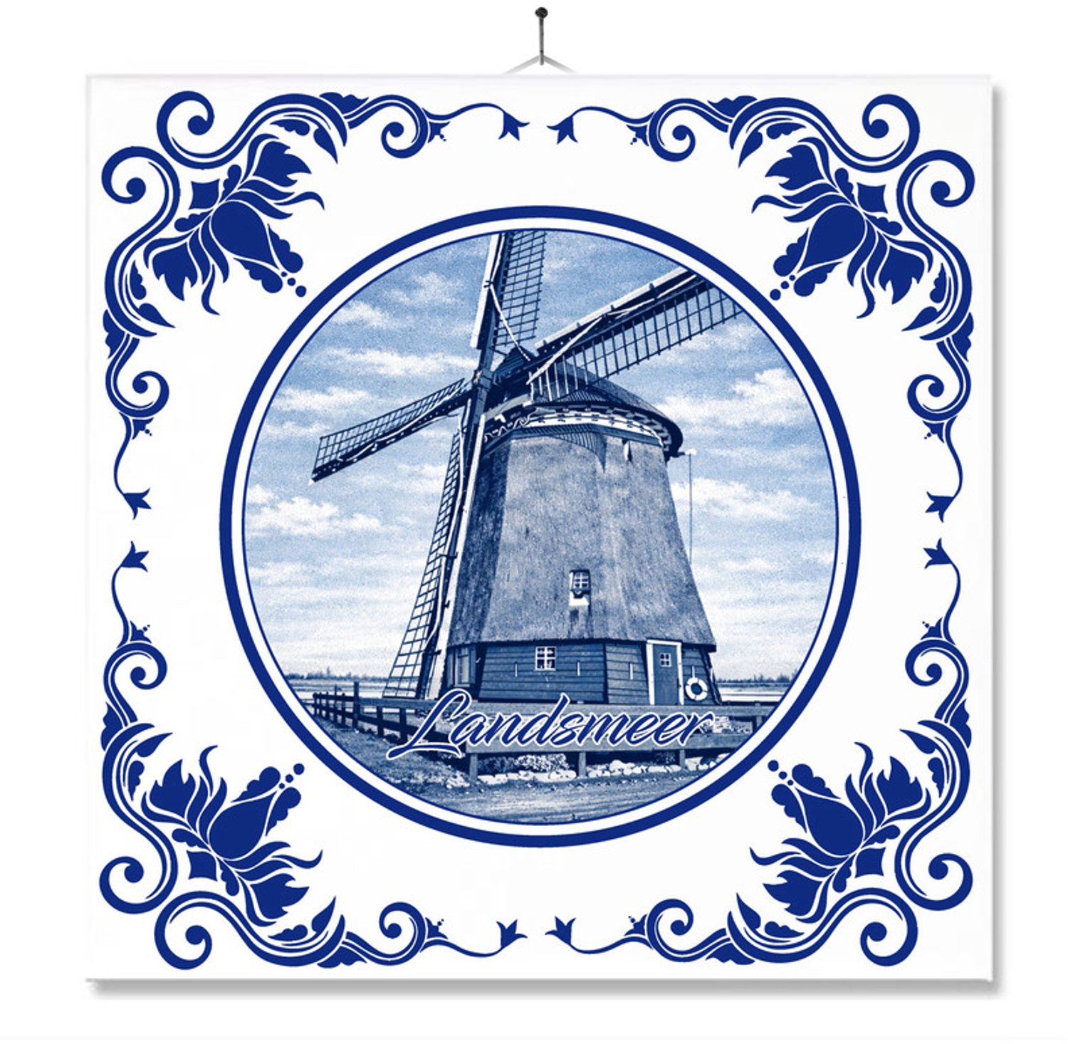 MC Living Tegel Met Opdruk | Landsmeer | Delft Blauw | Cadeau | Inclusief Geschenkdoos | Standaard | Ophangsysteem