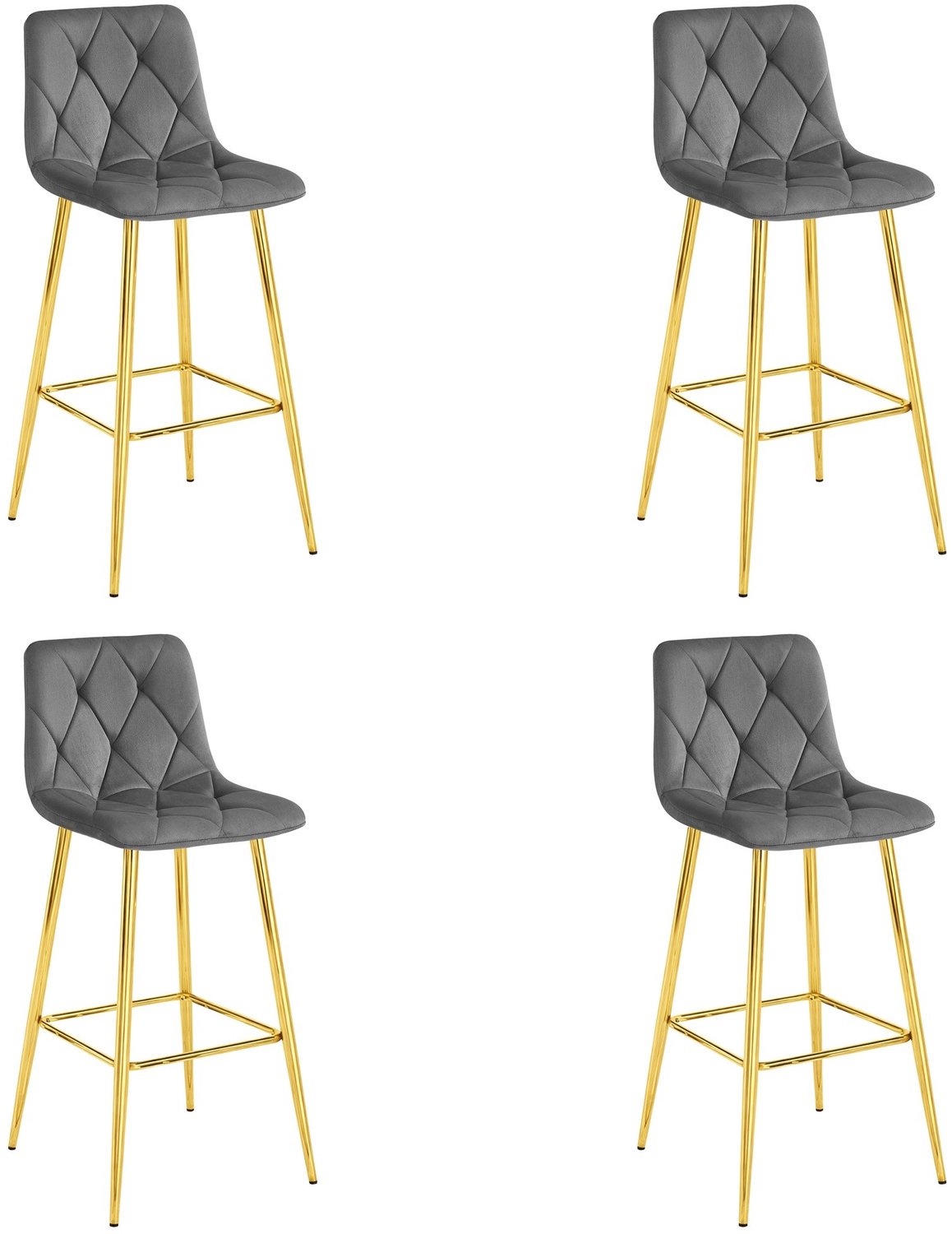 LEOBERT Set van 4 Barkrukken NADO – Donkergrijs Velvet / Fluweel – Gestoffeerde Barstoelen met Rugleuning en Voetsteun – Goudkleurige Metalen Poten – Modern Design – Voor Keukeneiland, Keuken, Bartafel en Thuisbar
