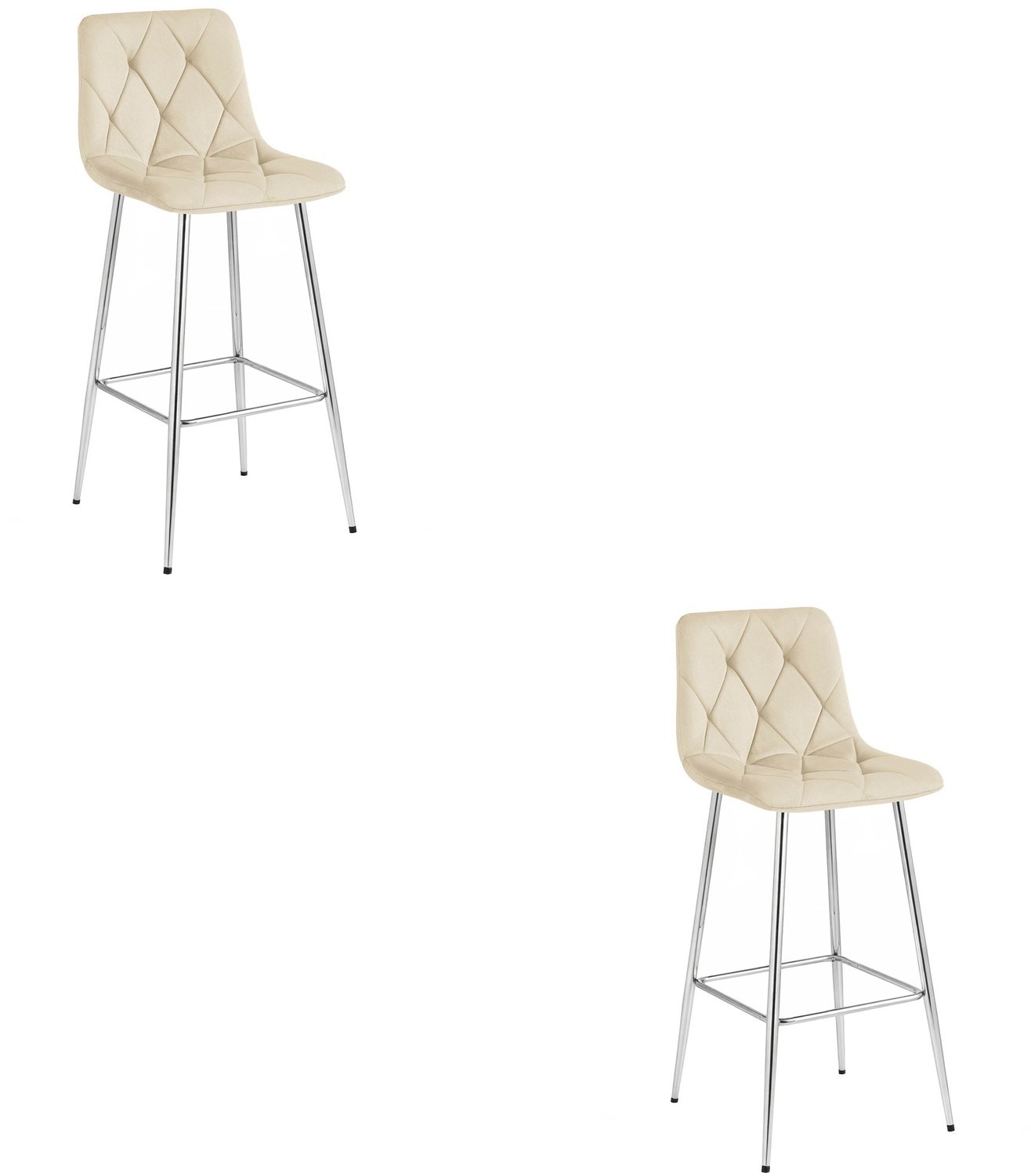 LEOBERT Set van 2 Barkrukken NADO – Lichtbeige Velvet / Fluweel – Gestoffeerde Barstoelen met Rugleuning en Voetsteun – Verchroomde Metalen Poten – Modern Design – Voor Keukeneiland, Keuken, Bartafel en Thuisbar
