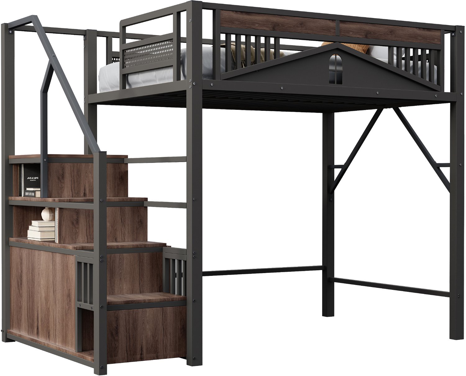 MUVANO Metalen hoogslaper 140 x 200 cm - zwart - hoog bed met veiligheidshek, raamvormig ontwerp, dubbele trap met opbergruimte en 24 latten