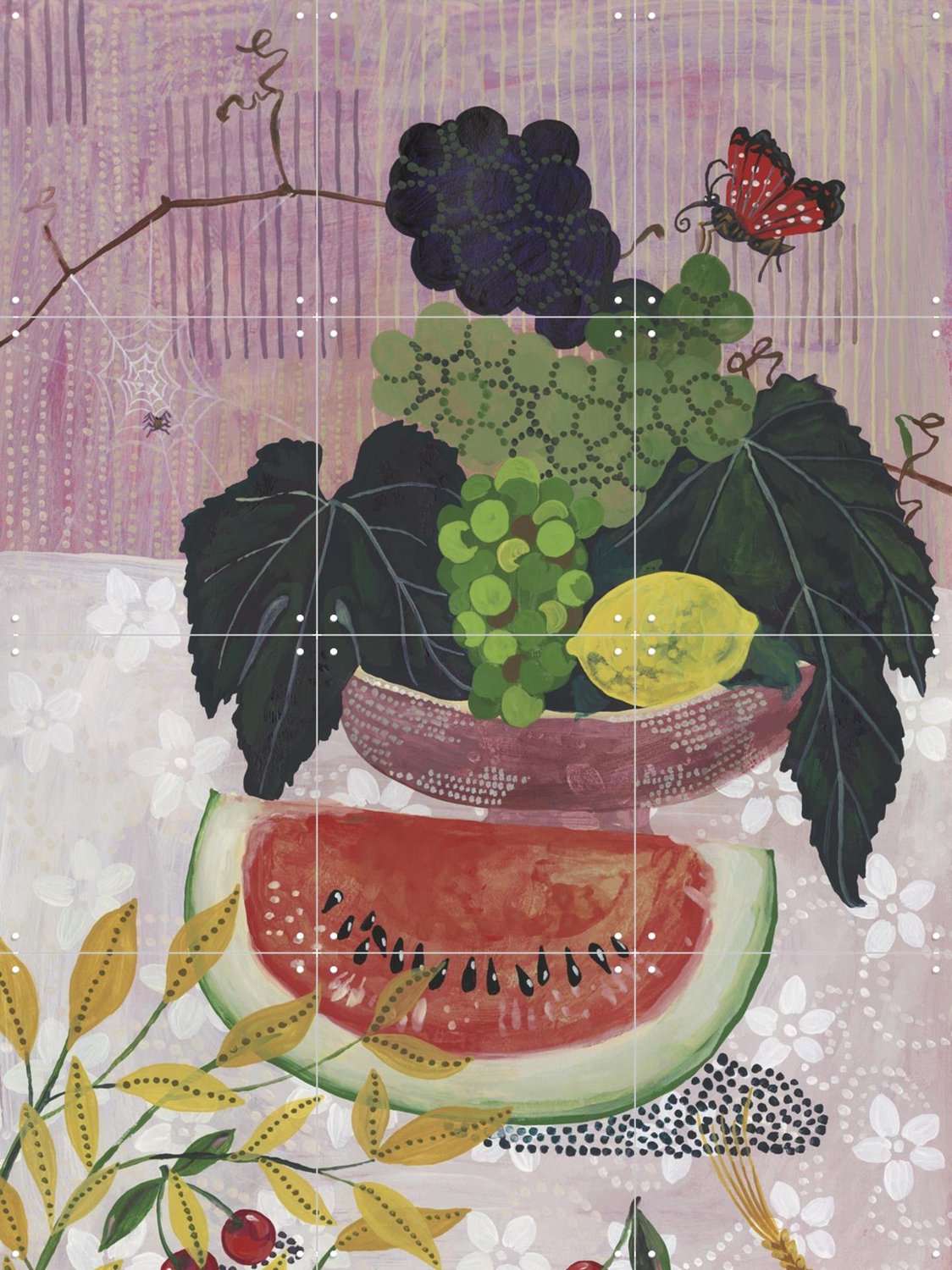 IXXI La Pastèque Et Le Raisin, Nathalie Lété - 60 x 80 cm - Grote wanddecoratie en posters - Schilderijen, Eetkamer, Woonkamer, Voedsel, Fruit Paars / Groen