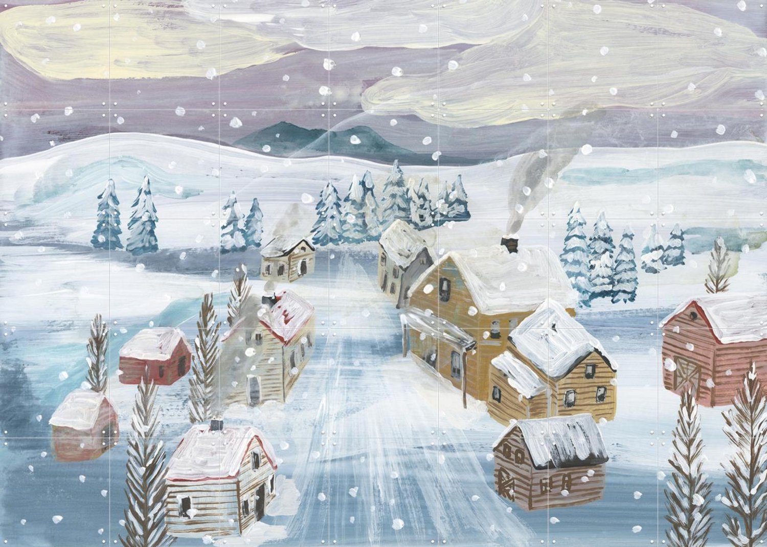 IXXI Village Under The Snow, Nathalie Lété - 140 x 100 cm - Grote wanddecoratie en posters - Schilderijen, Woonkamer, Gang, Kerst, Winter, Sneeuw Blauw / Wit
