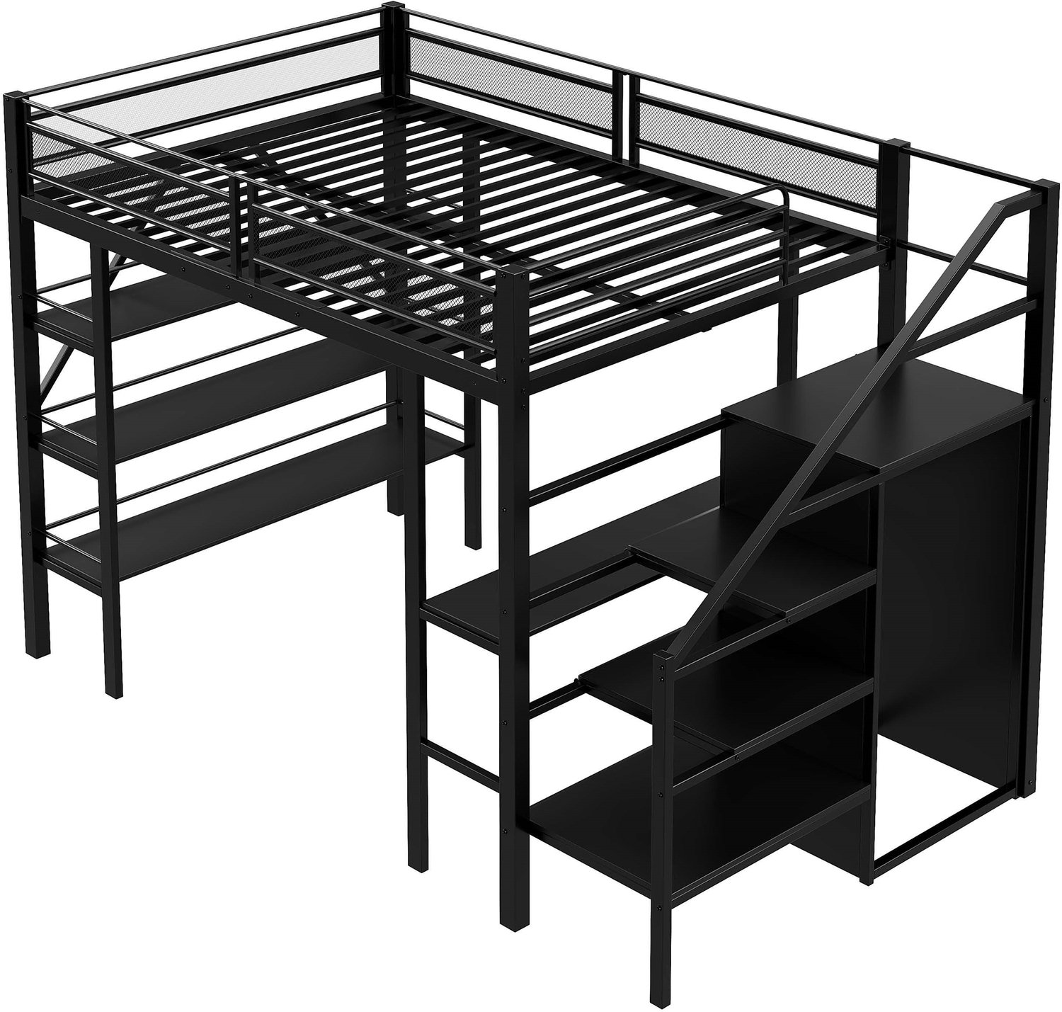 MUVANO Hoogslaper 140 x 200 cm - eenpersoonsbed met bureau - zwarte metalen hoogslaper met opbergrek, kledingkast en veiligheidstrap voor slaapkamer
